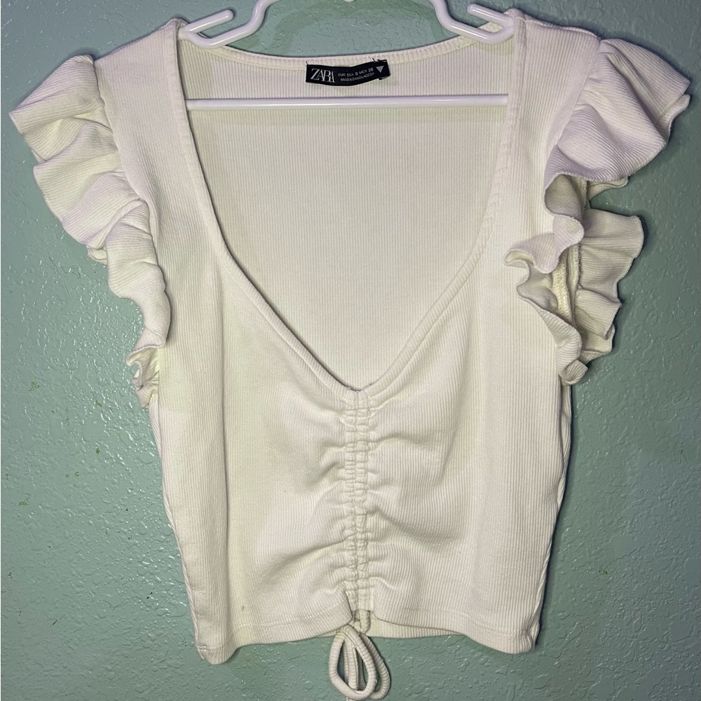 Zara White Ruffle Sleeve Crop Top